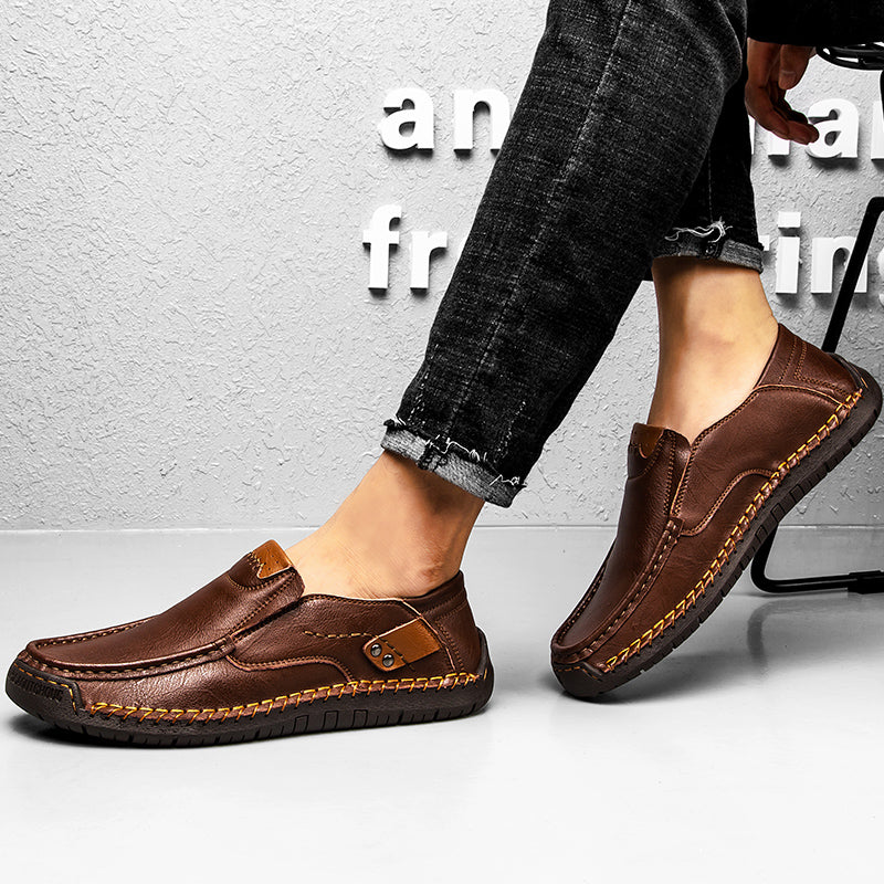 🐂 Men's calf leather casual shoes 👞 Hand-stitched, easy to put on and take off ✅ Arch support, pain relief - comfortable walking