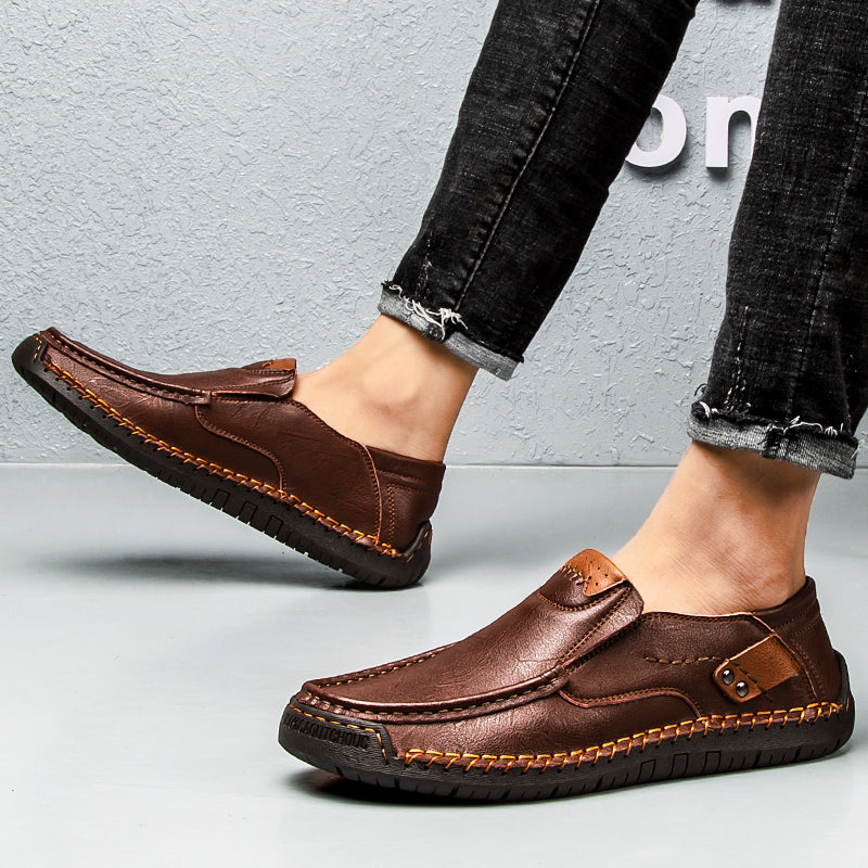 🐂 Men's calf leather casual shoes 👞 Hand-stitched, easy to put on and take off ✅ Arch support, pain relief - comfortable walking