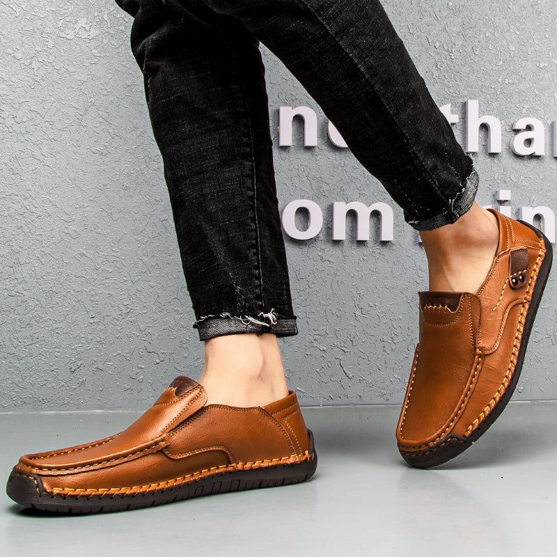 🐂 Men's calf leather casual shoes 👞 Hand-stitched, easy to put on and take off ✅ Arch support, pain relief - comfortable walking