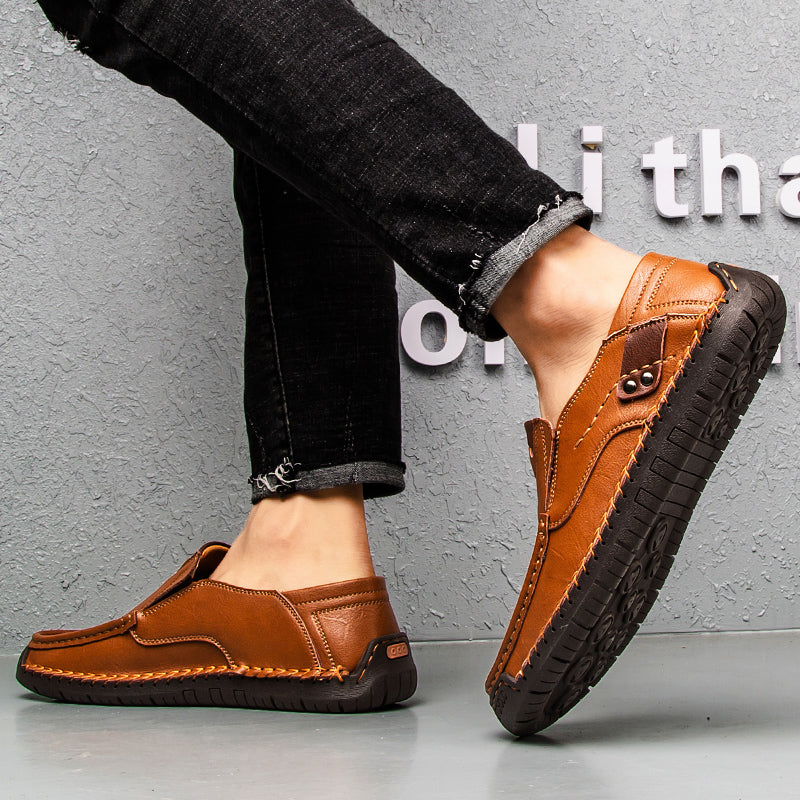 🐂 Men's calf leather casual shoes 👞 Hand-stitched, easy to put on and take off ✅ Arch support, pain relief - comfortable walking