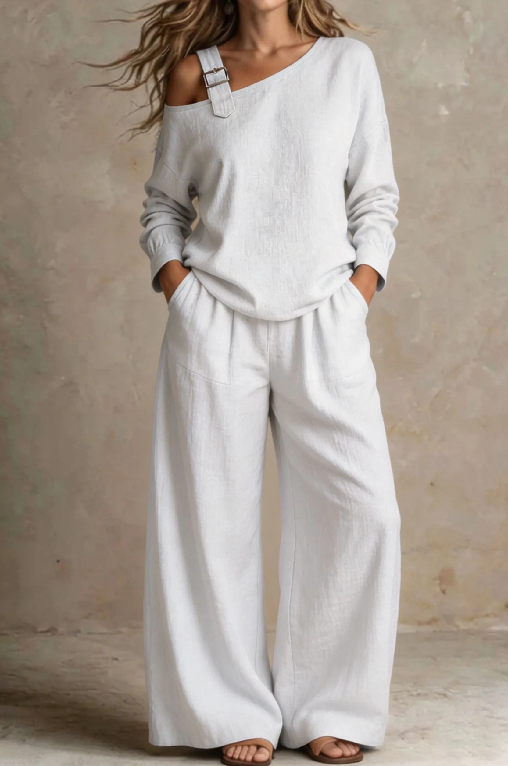 【Buy 2 Free Shipping】Women Chic One-Shoulder Linen-Blend Two-Piece Set