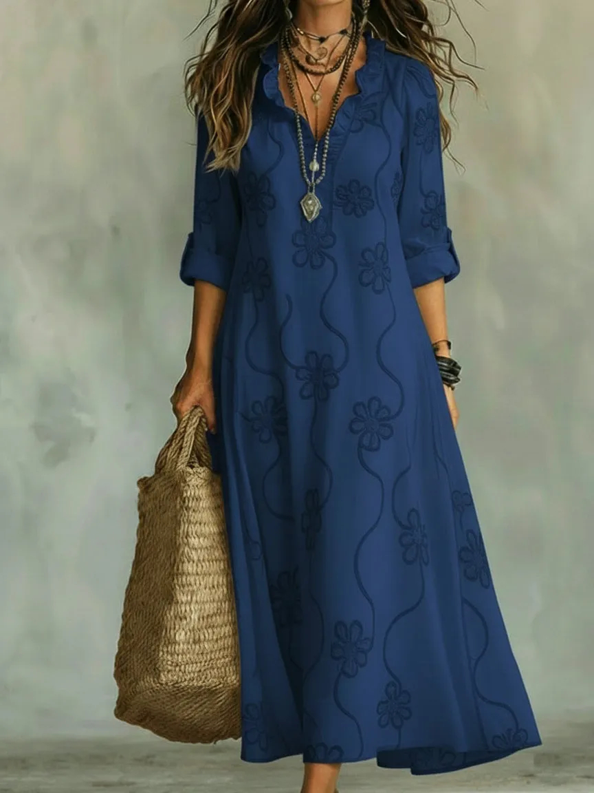 🔥Promotion - 49% OFF🔥Boho Casual V Neck Floral Embroidered Maxi Dress