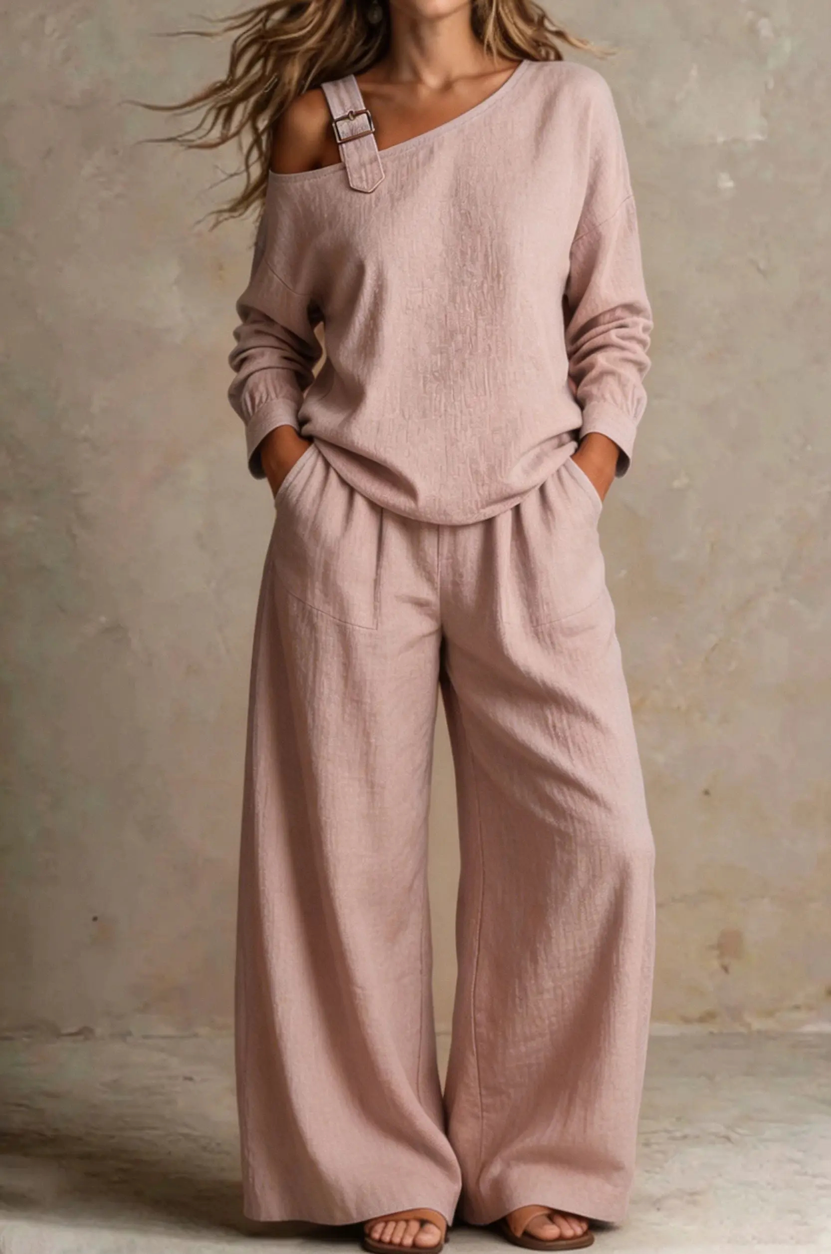 【Buy 2 Free Shipping】Women Chic One-Shoulder Linen-Blend Two-Piece Set