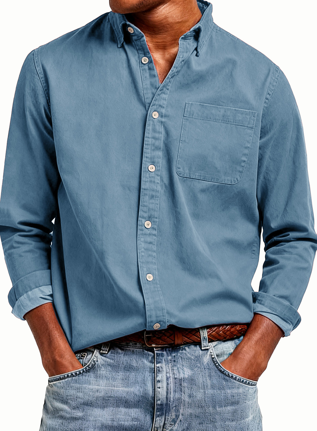 Men's Fashion Retro Pure Cotton Pocket Collar Long-Sleeve Shirt