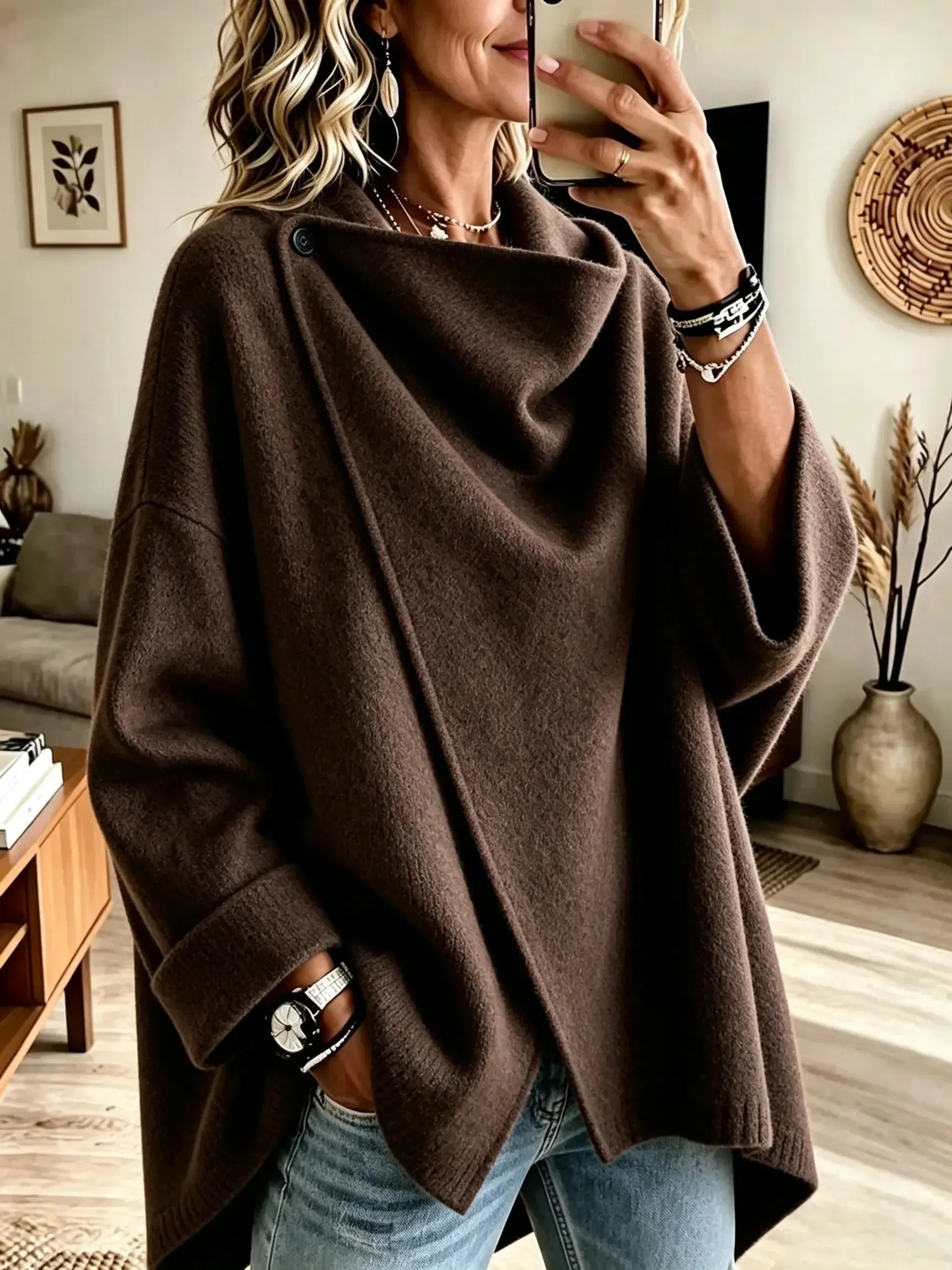 Women's Asymmetrical Button Wrap Collar Poncho Sweater