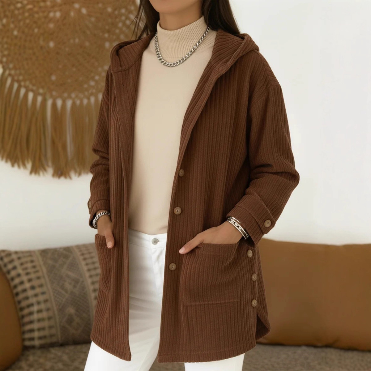 Women’s Mid-Length Hooded Corduroy Coat, Casual Loose Fall Layer