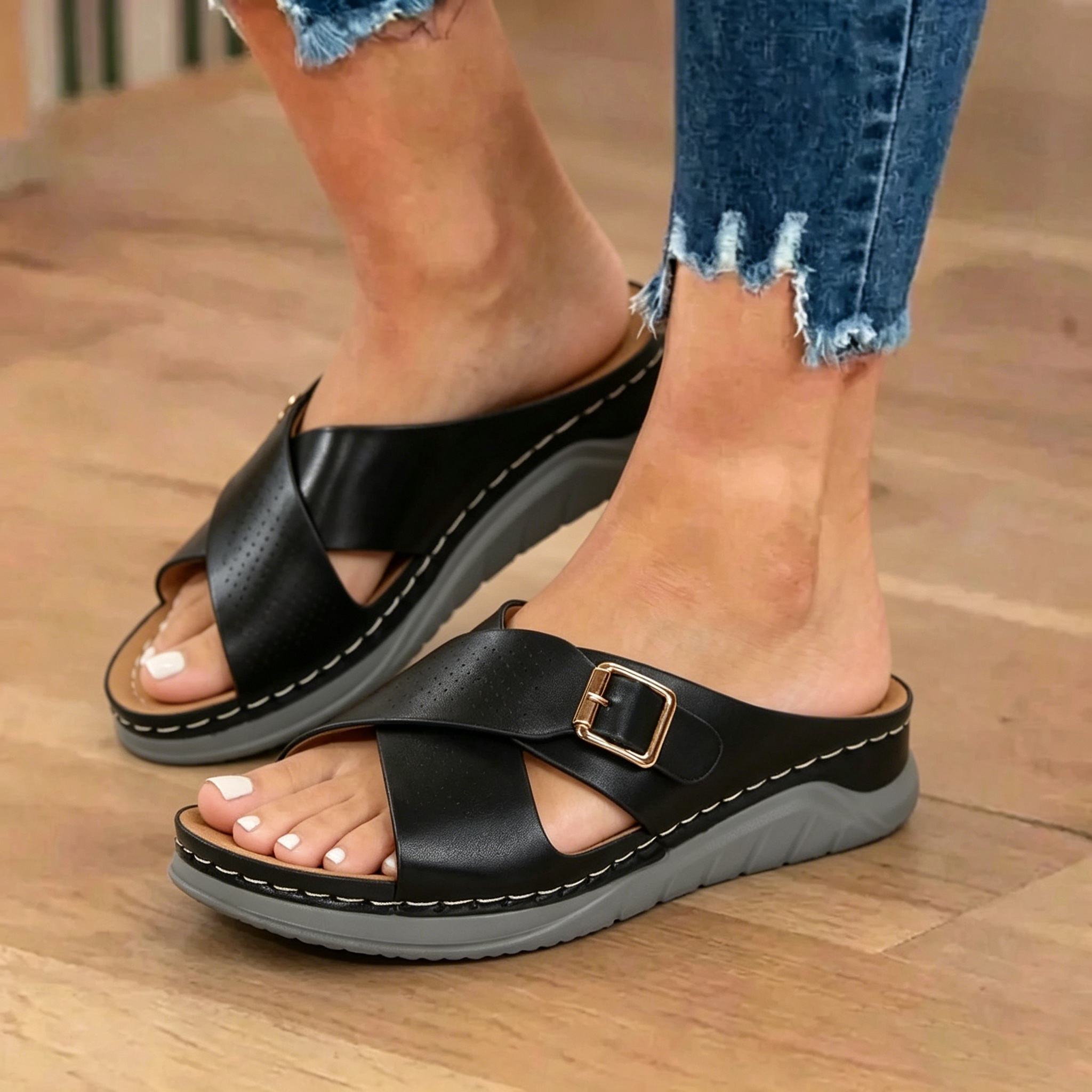 beatyart™ │ Women's Platform Slides: Stitched-Detail, Cross-Strap, Breathable Indoor Wedges