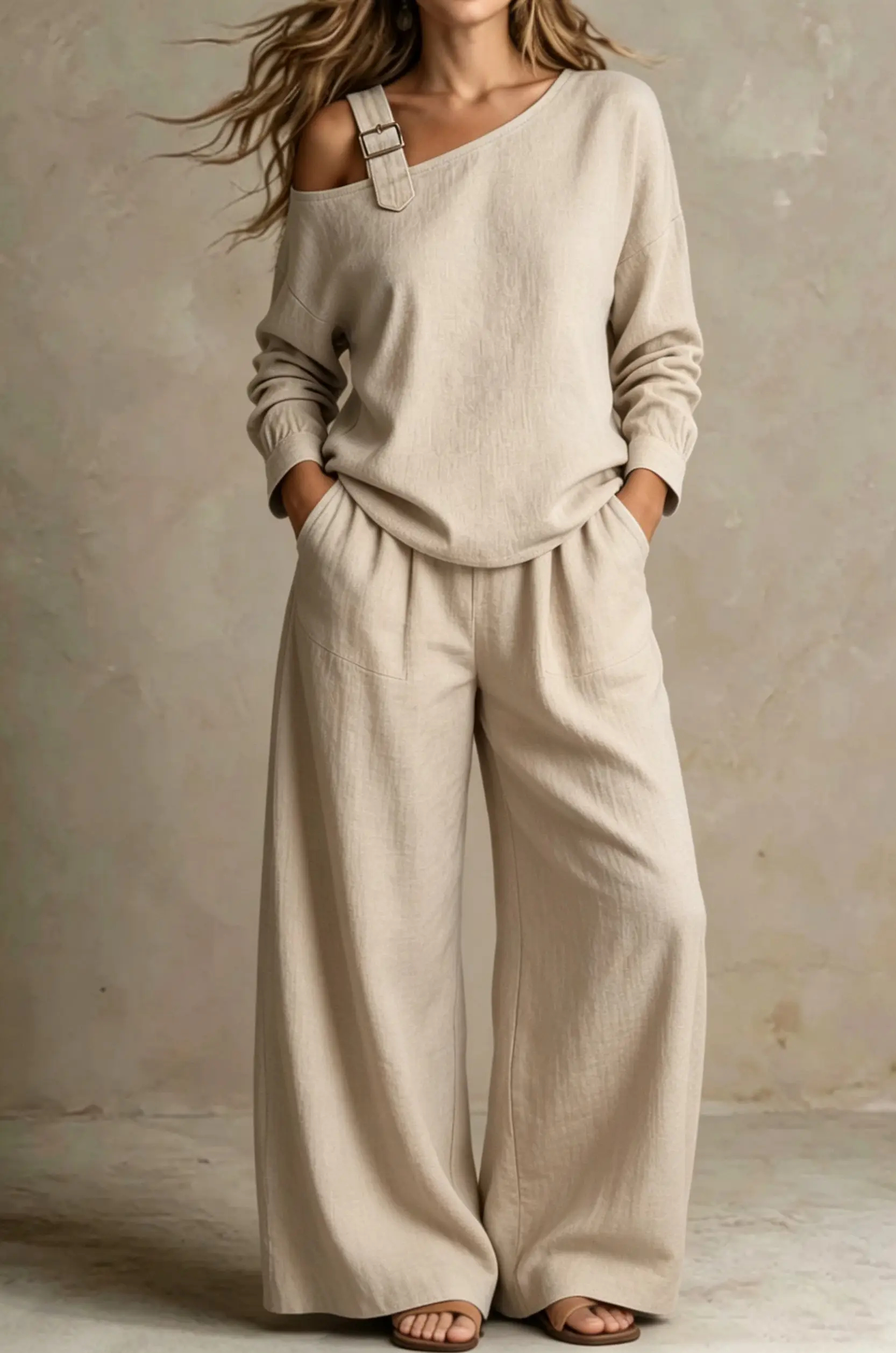 【Buy 2 Free Shipping】Women Chic One-Shoulder Linen-Blend Two-Piece Set