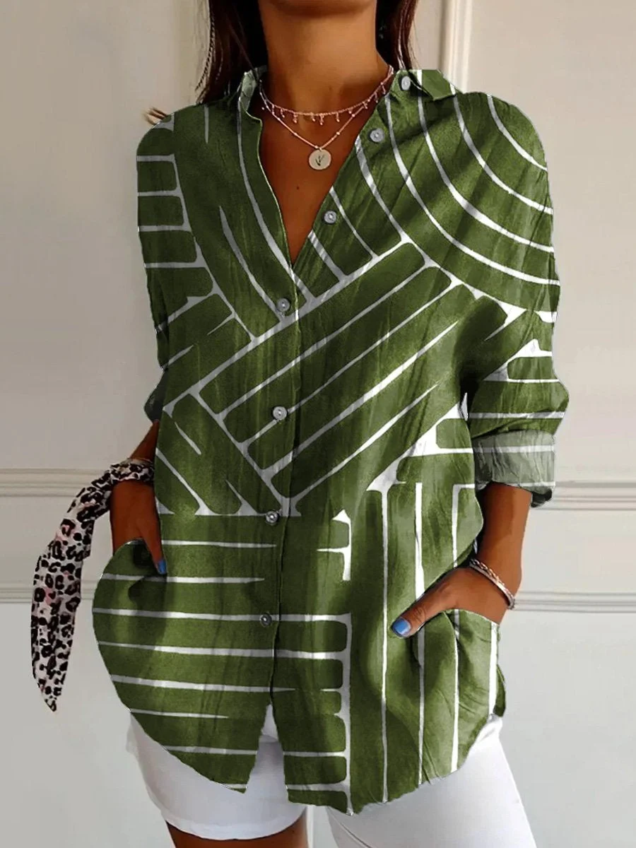 WOMEN'S ABSTRACT LINE COTTON LINEN SHIRT