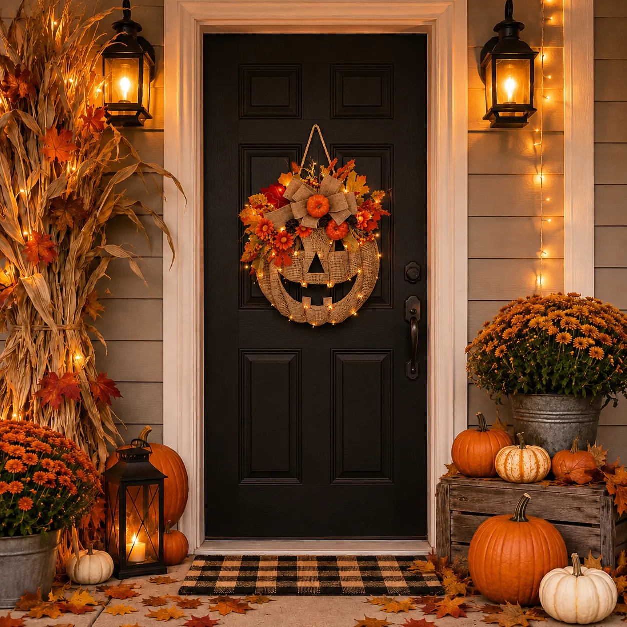 Lighted Burlap Pumpkin Wreath with Remote Control 🎃✨ Cozy Fall Door Decor with 8 Light Modes & Warm LED Glow
