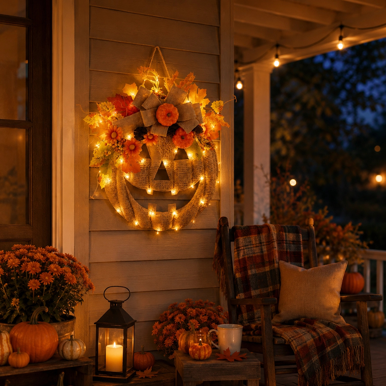 Lighted Burlap Pumpkin Wreath with Remote Control 🎃✨ Cozy Fall Door Decor with 8 Light Modes & Warm LED Glow