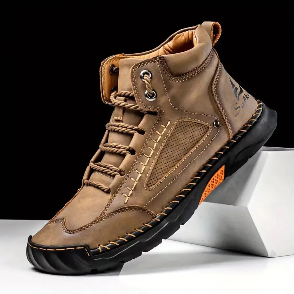 Men's Comfortable Handmade Leather Boots – Waterproof, Arch Support, Pressure Relief, Spacious Toe Box Outdoor Leather Shoes