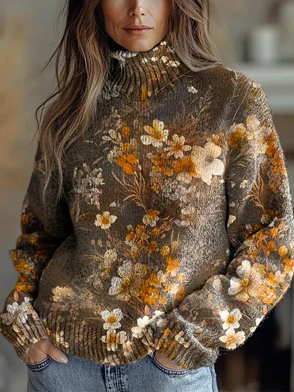 60%off Women's Vintage Lovely Floral Art Print Knit Turtleneck Pullover Sweater