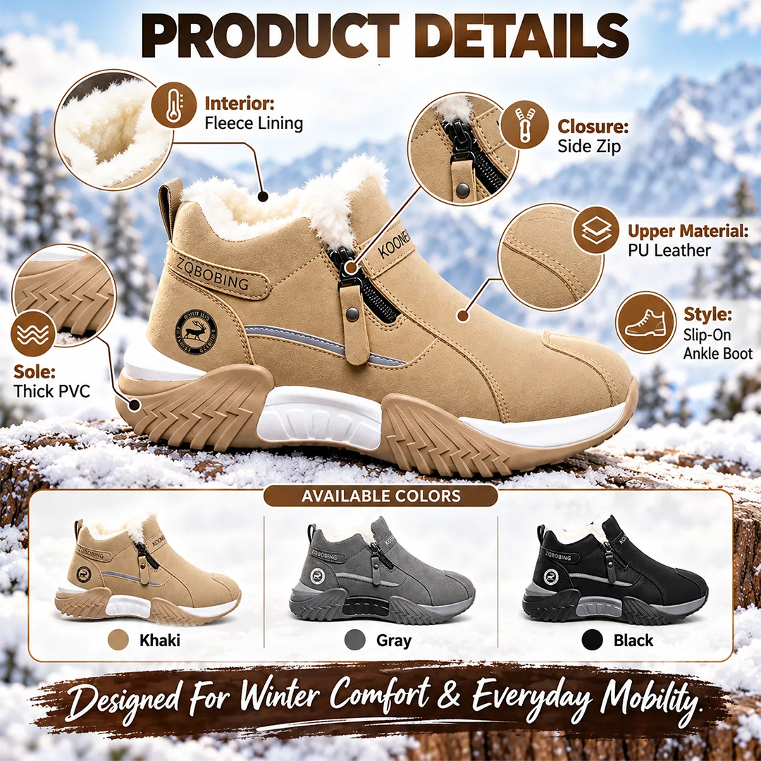 Warm Fleece Winter Snow Boots with Side Zip | Anti-Slip Outdoor Ankle Shoes