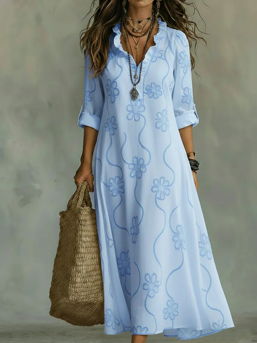 🔥Promotion - 49% OFF🔥Boho Casual V Neck Floral Embroidered Maxi Dress
