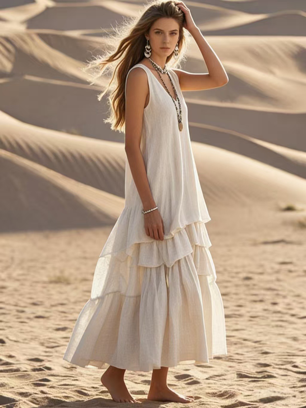 💝LAST DAY 50% OFF⭐ Women Deep V Neck Sleeveless Cotton Linen Maxi Dress Loose Tiered Ruffle Flowy Big Swing Long Dress
