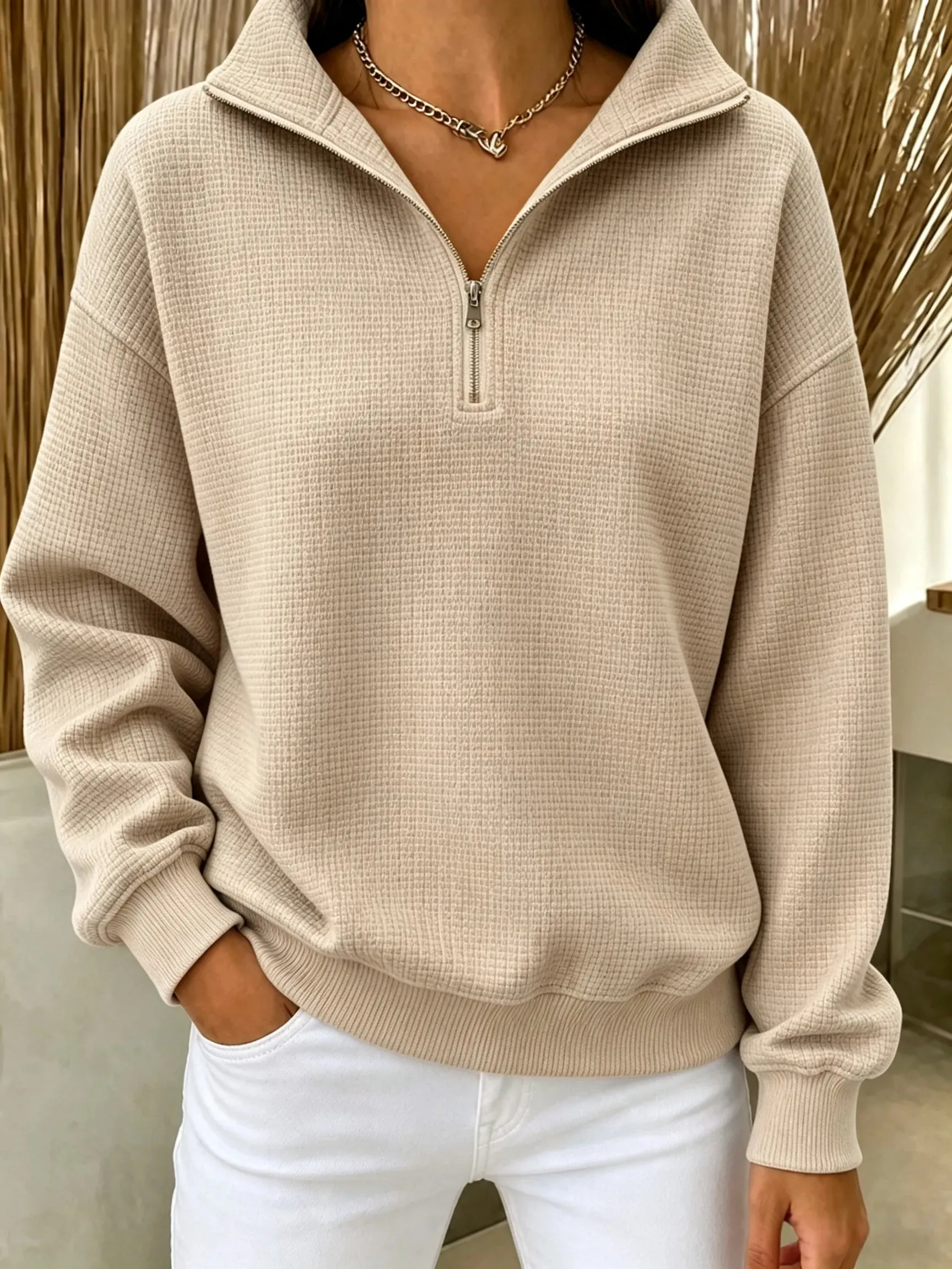 CLEARANCE SALE🔥Women's Waffle Knit Quarter-Zip Sweatshirt