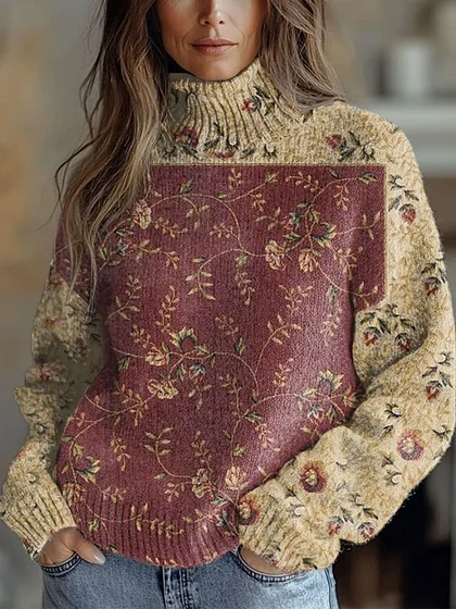 60%off Women's Vintage Lovely Floral Art Print Knit Turtleneck Pullover Sweater