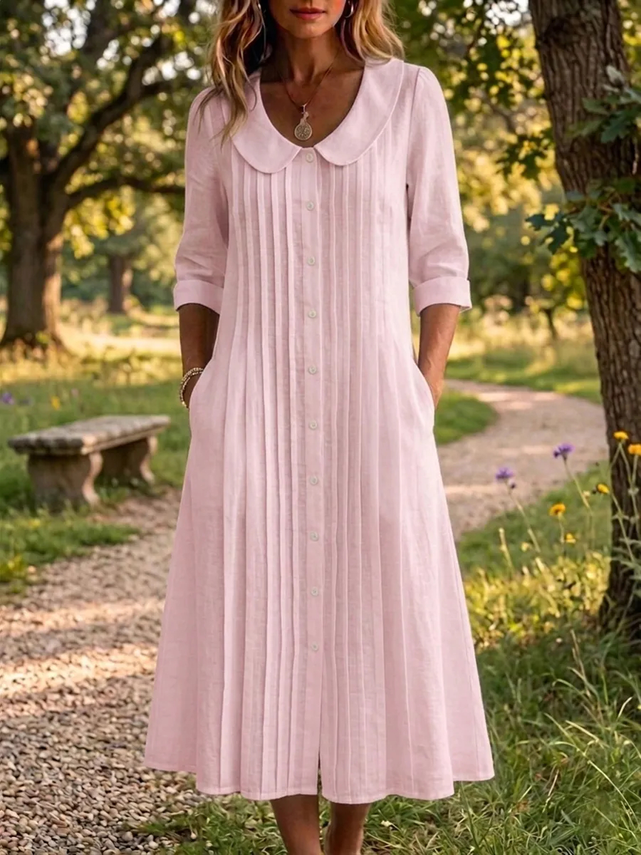 New Arrivals🔥 Women's Peter Pan Collar Casual Loose Pleated Cotton And Linen Dress