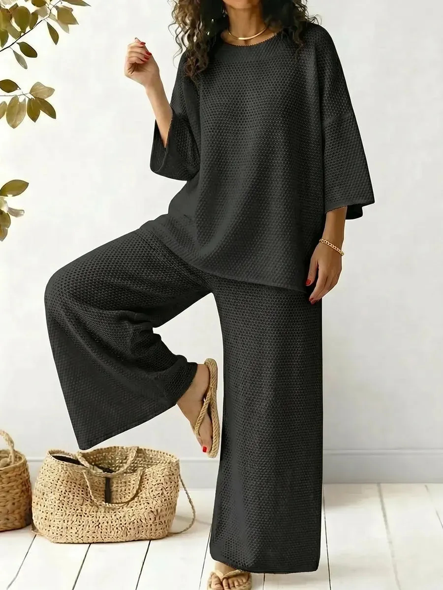 Women's Round-neck Long-sleeve Cutout Top And Pants Set