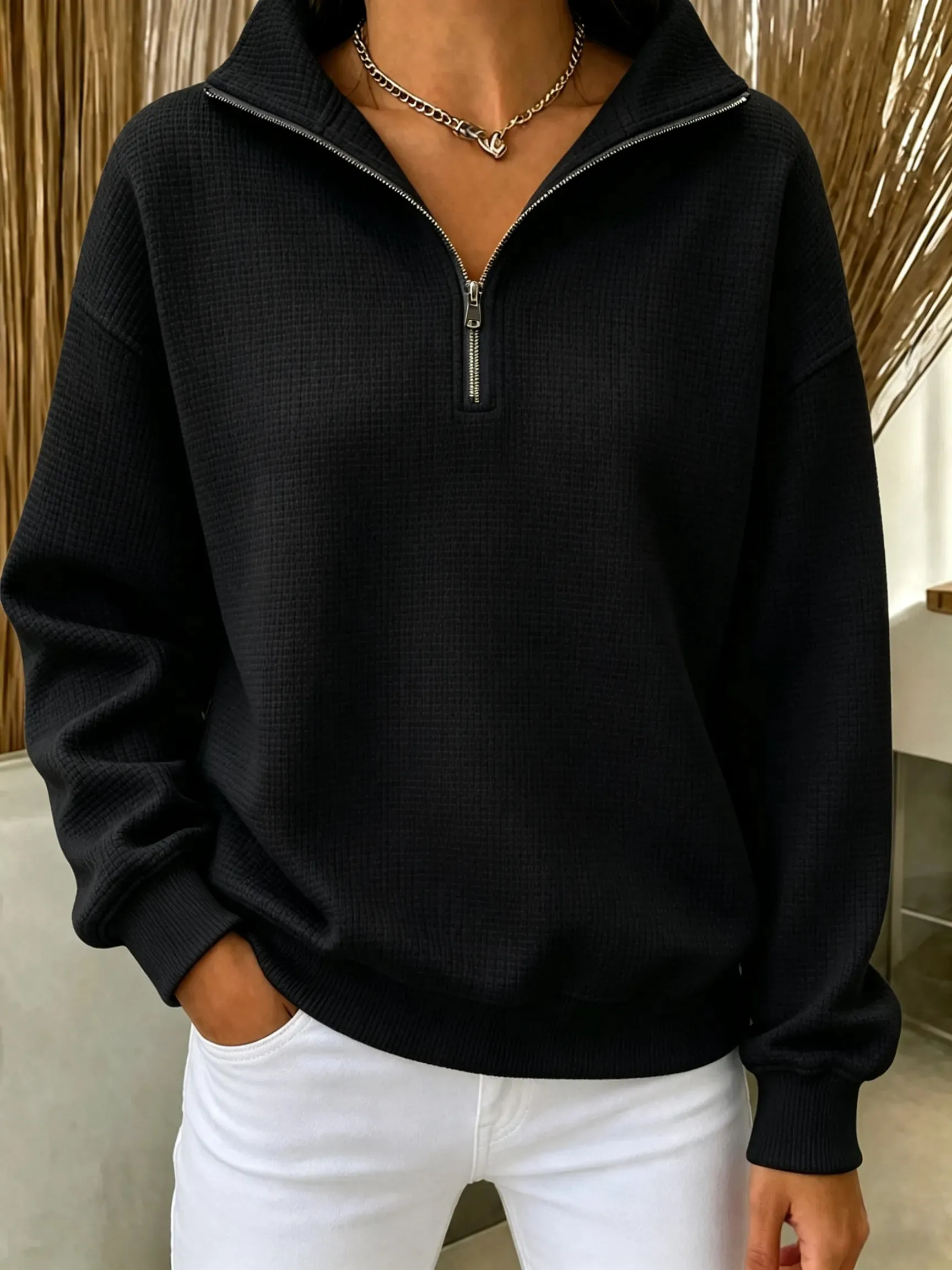 CLEARANCE SALE🔥Women's Waffle Knit Quarter-Zip Sweatshirt