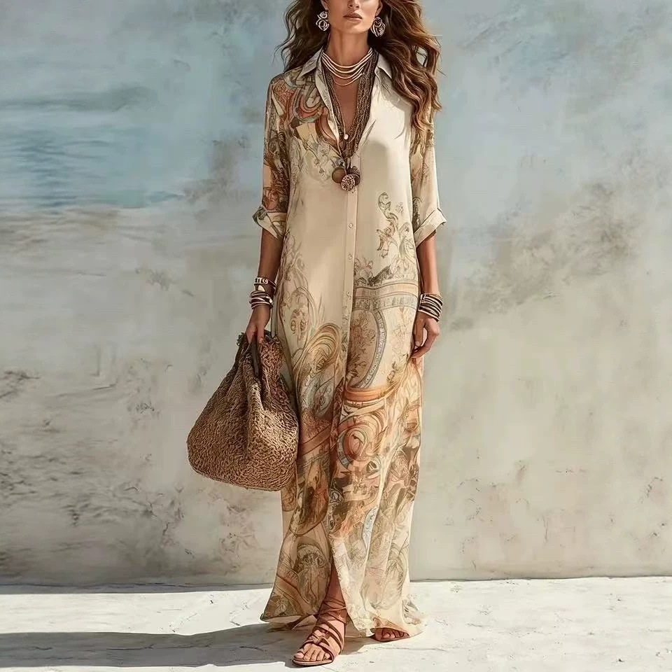 Baroque Style Floral Chiffon Maxi Dress
