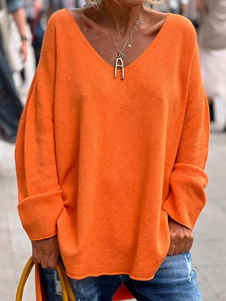 Crew Neck Fuzzy Solid Casual Long Sleeve Women Knitted Shirt