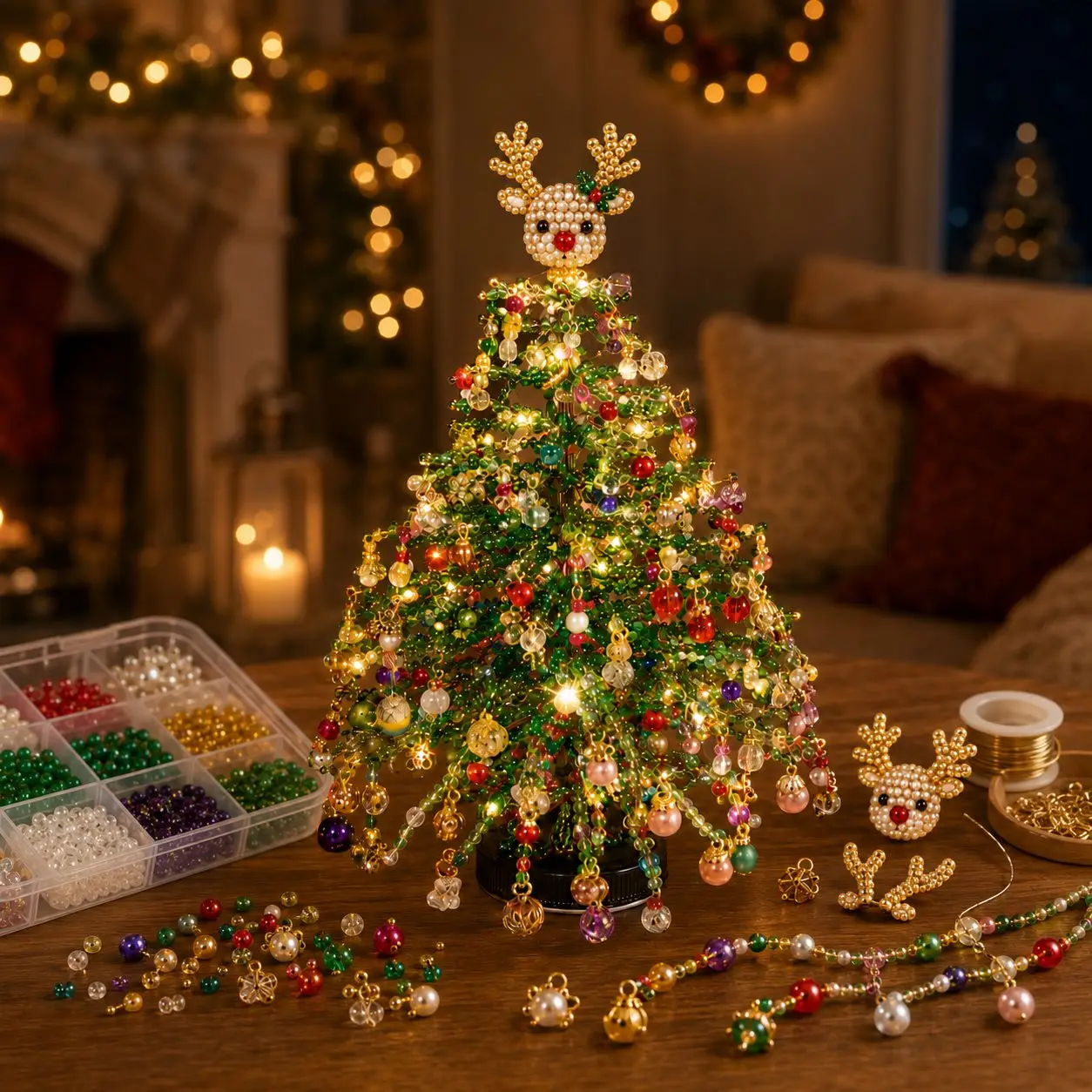 🎄✨ DIY Light-Up Glass Bead & Faux Pearl Christmas Tree Kit – Create Your Own Sparkling Holiday Decoration 💕
