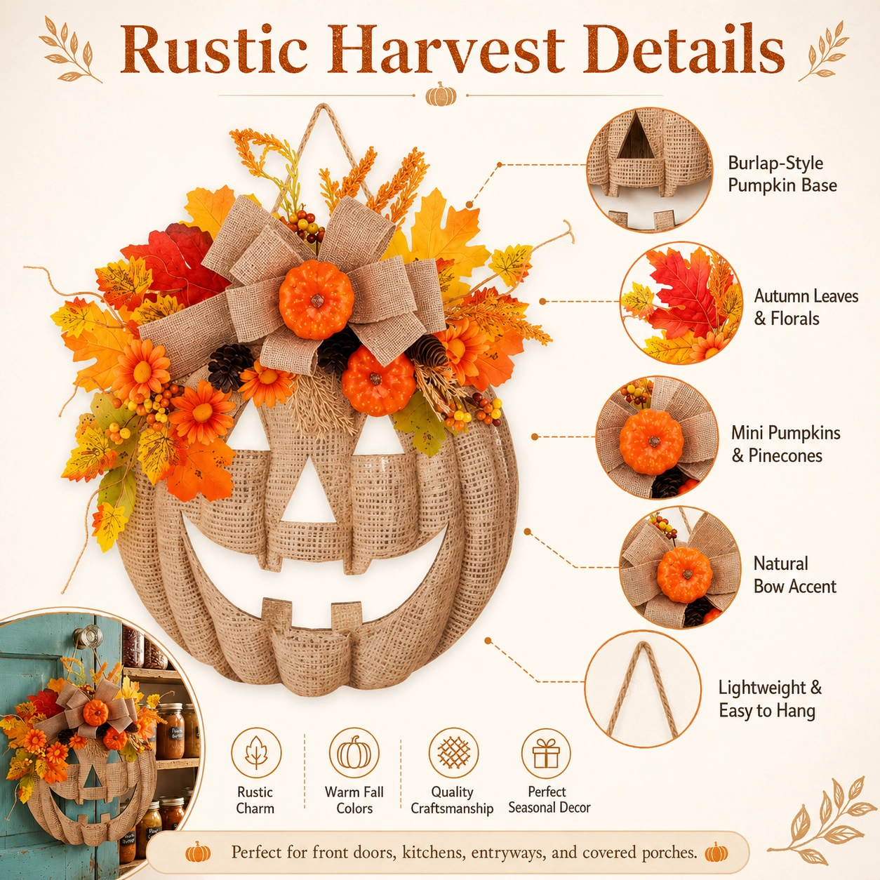 Lighted Burlap Pumpkin Wreath with Remote Control 🎃✨ Cozy Fall Door Decor with 8 Light Modes & Warm LED Glow
