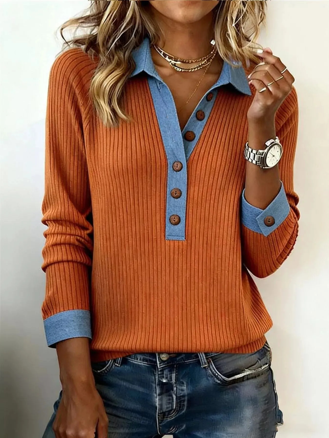 Full Size Half Button Ribbed Long Sleeve Knit Top Plus Size