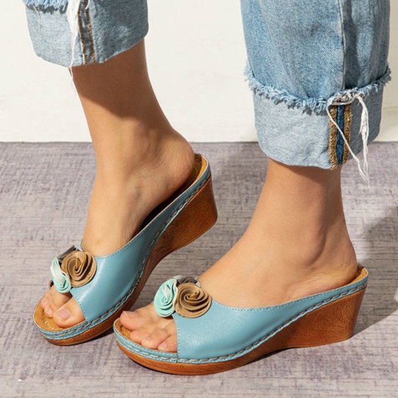 😍Last Day 50% OFF😍-Womens Comfy Leather Solid Flower Strap Wedge Sandals