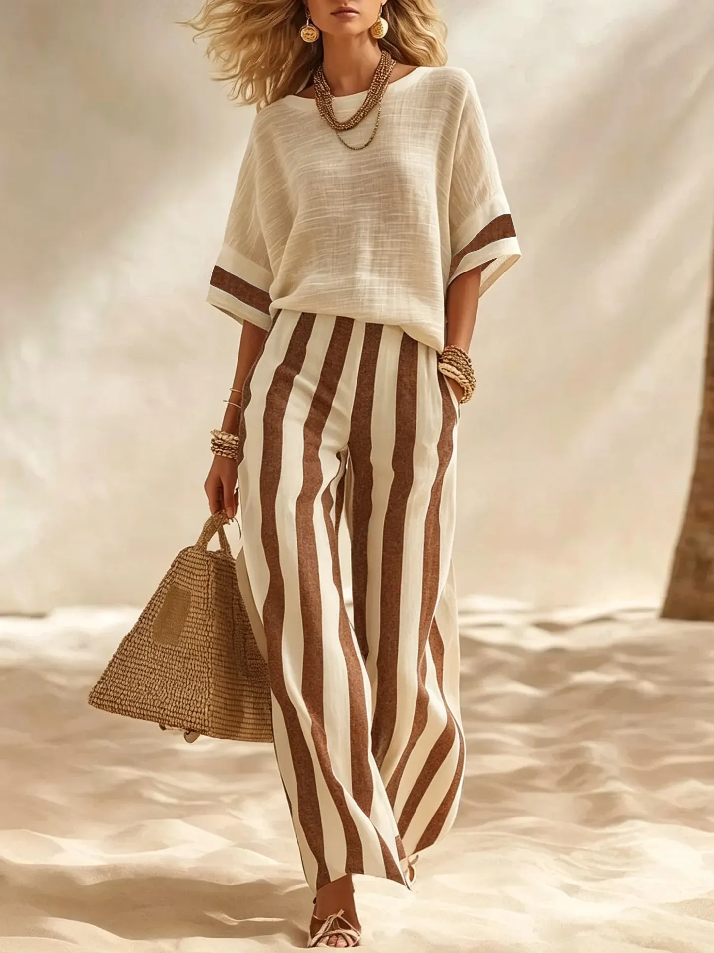 Beige Textured Cotton-linen Color-block Top & Blue-white Striped Elastic Waist Wide-leg Pants Set