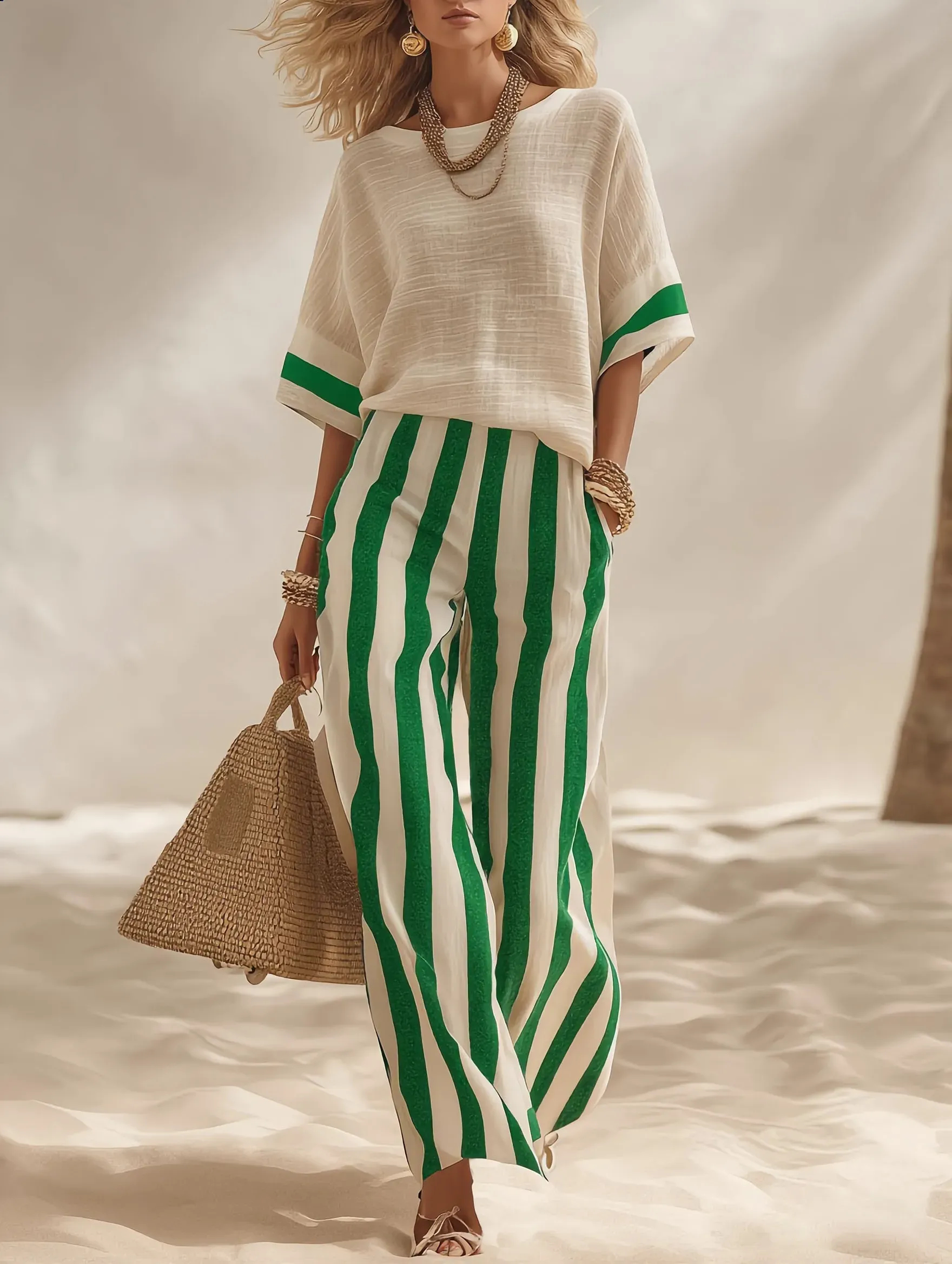 Beige Textured Cotton-linen Color-block Top & Blue-white Striped Elastic Waist Wide-leg Pants Set