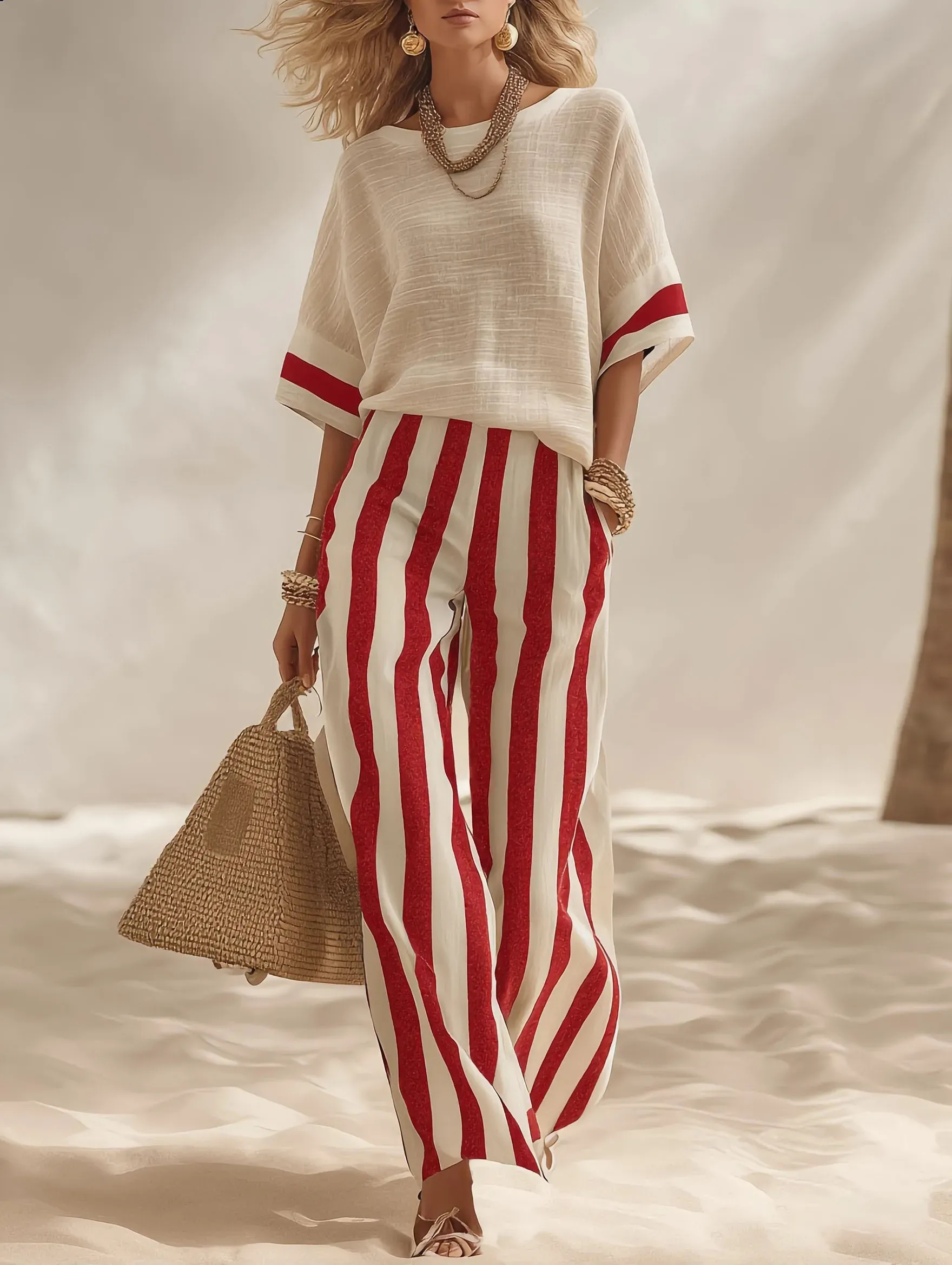 Beige Textured Cotton-linen Color-block Top & Blue-white Striped Elastic Waist Wide-leg Pants Set