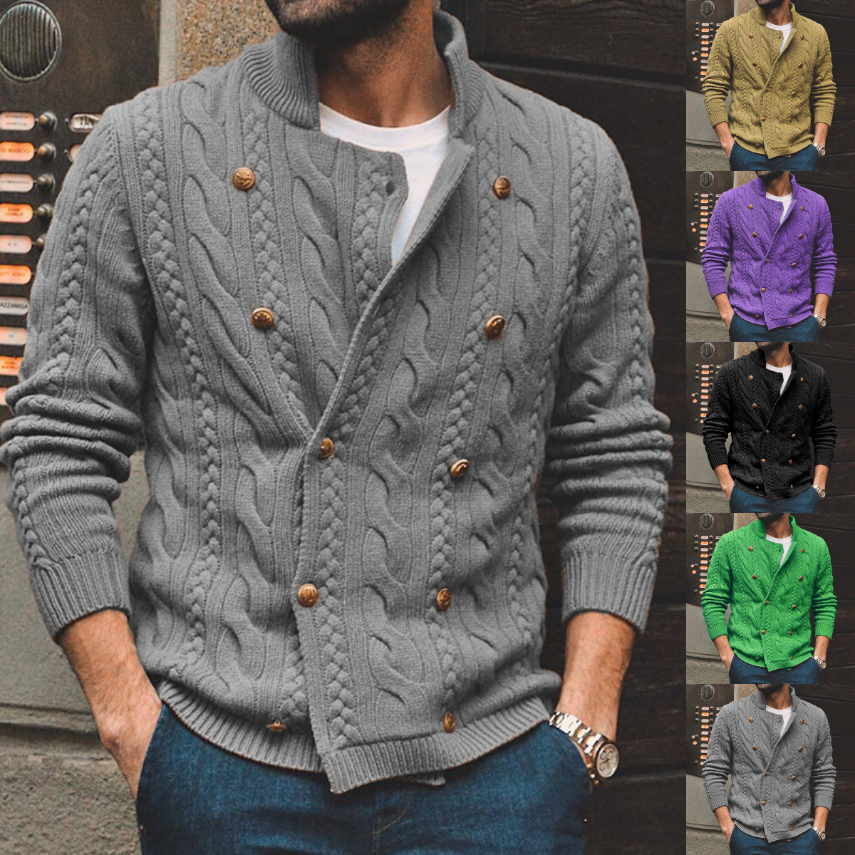 Men's stand collar long sleeve casual jacquard sweater
