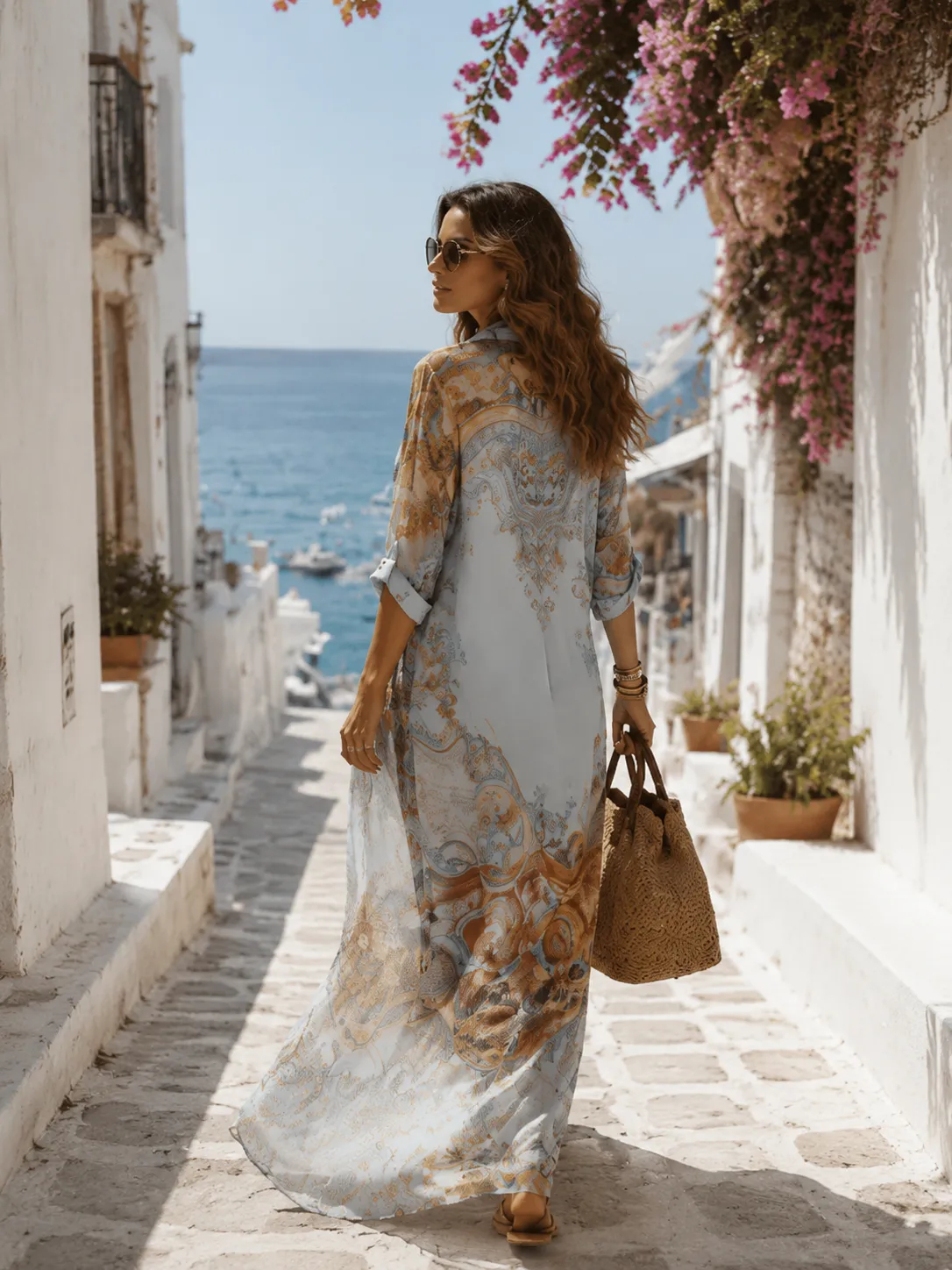 Baroque Style Floral Chiffon Maxi Dress