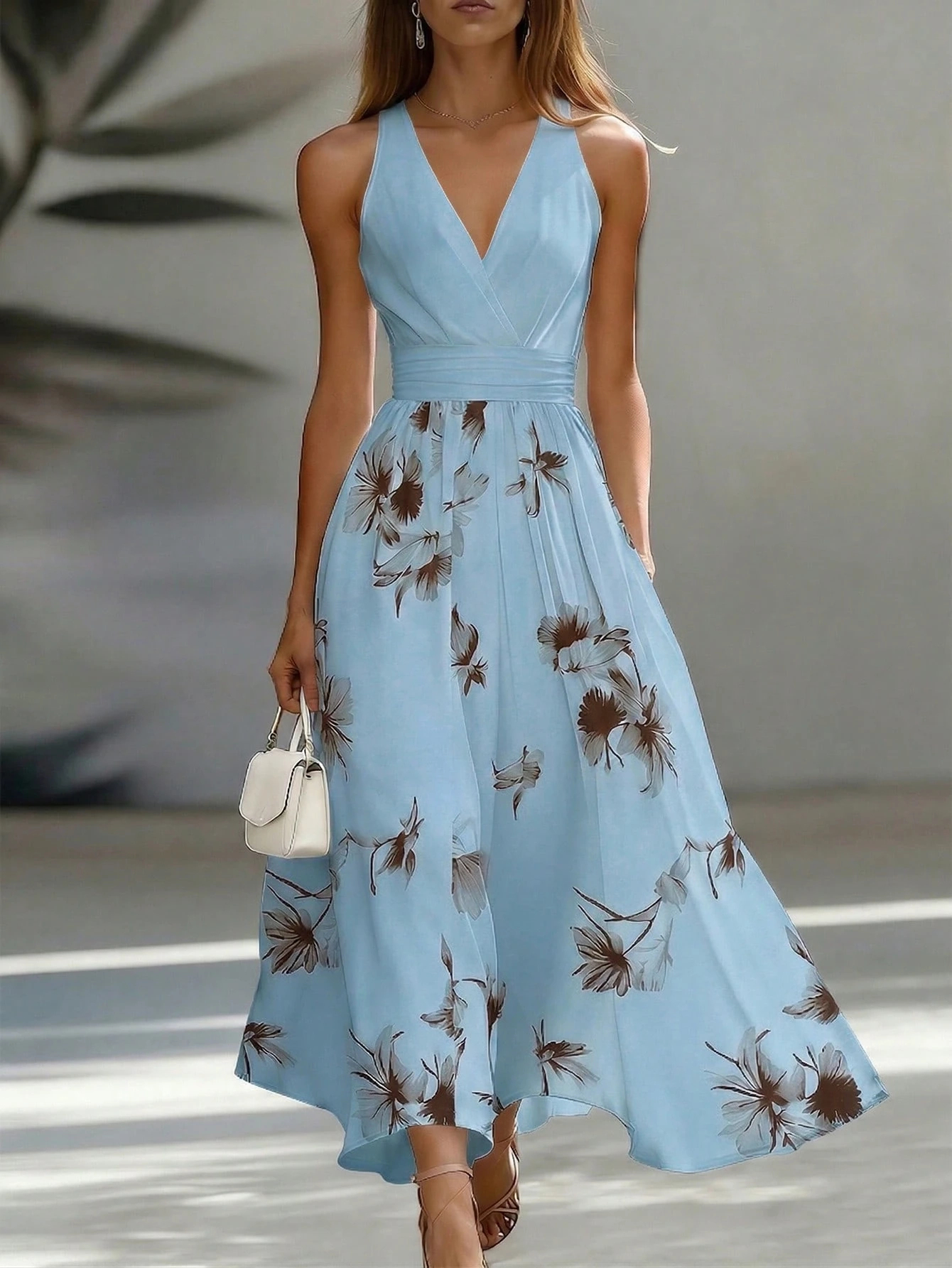 EMERY ROSE AB Patchwork V-Neck Sleeveless Waist Cinched Elegant Midi Dress, Suitable For Work & Vacation