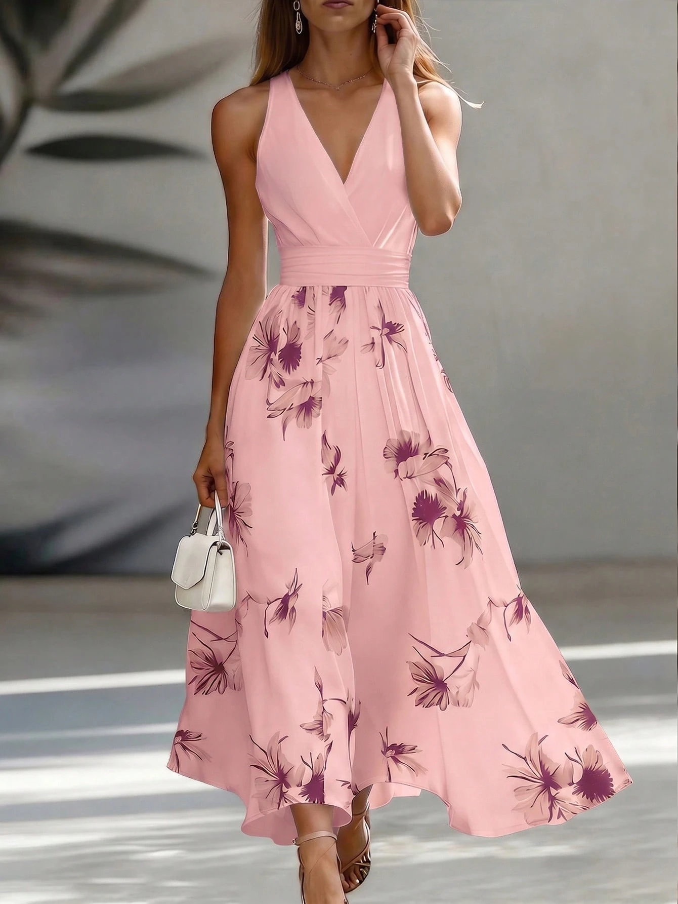 EMERY ROSE AB Patchwork V-Neck Sleeveless Waist Cinched Elegant Midi Dress, Suitable For Work & Vacation