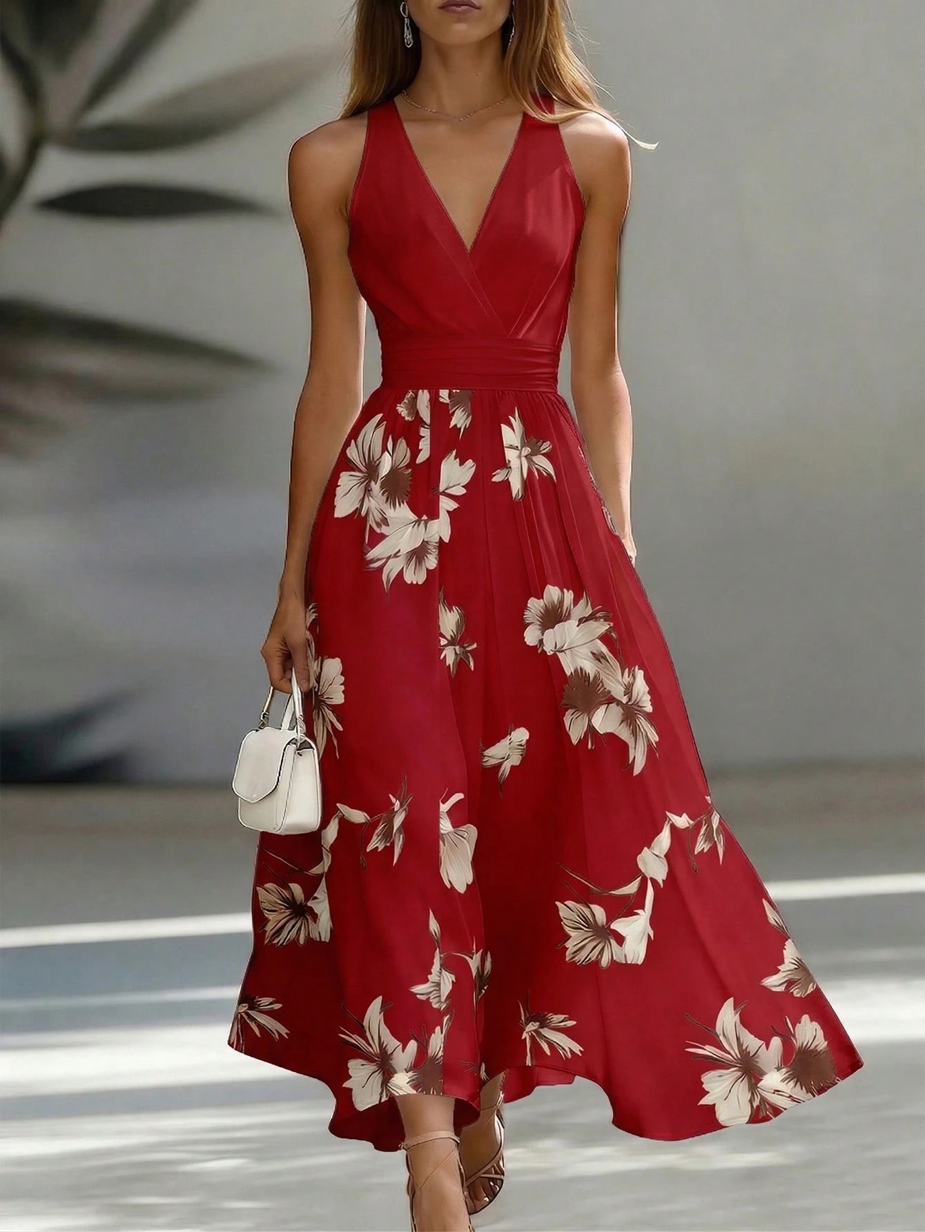 EMERY ROSE AB Patchwork V-Neck Sleeveless Waist Cinched Elegant Midi Dress, Suitable For Work & Vacation