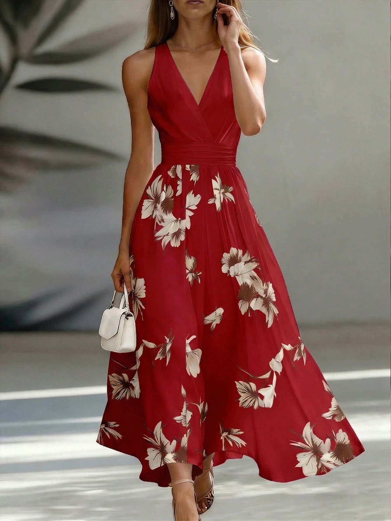 EMERY ROSE AB Patchwork V-Neck Sleeveless Waist Cinched Elegant Midi Dress, Suitable For Work & Vacation