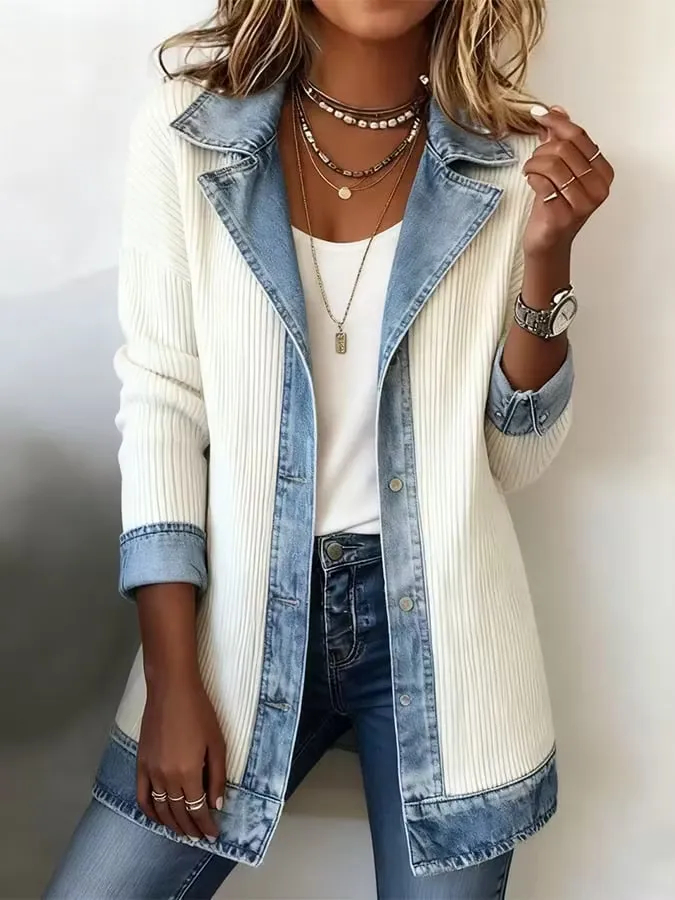 Elegant Mixed Media Denim Knit Cardigan Open Front Lapel Sweater Coat Mid Length Comfort Fit Outerwear
