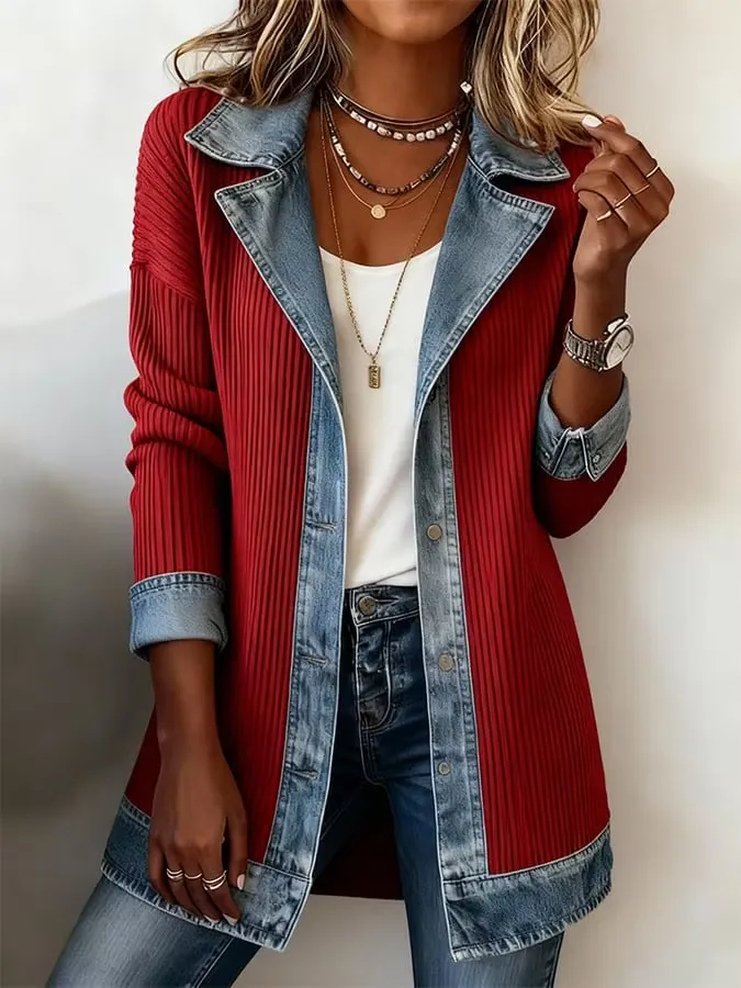 Elegant Mixed Media Denim Knit Cardigan Open Front Lapel Sweater Coat Mid Length Comfort Fit Outerwear