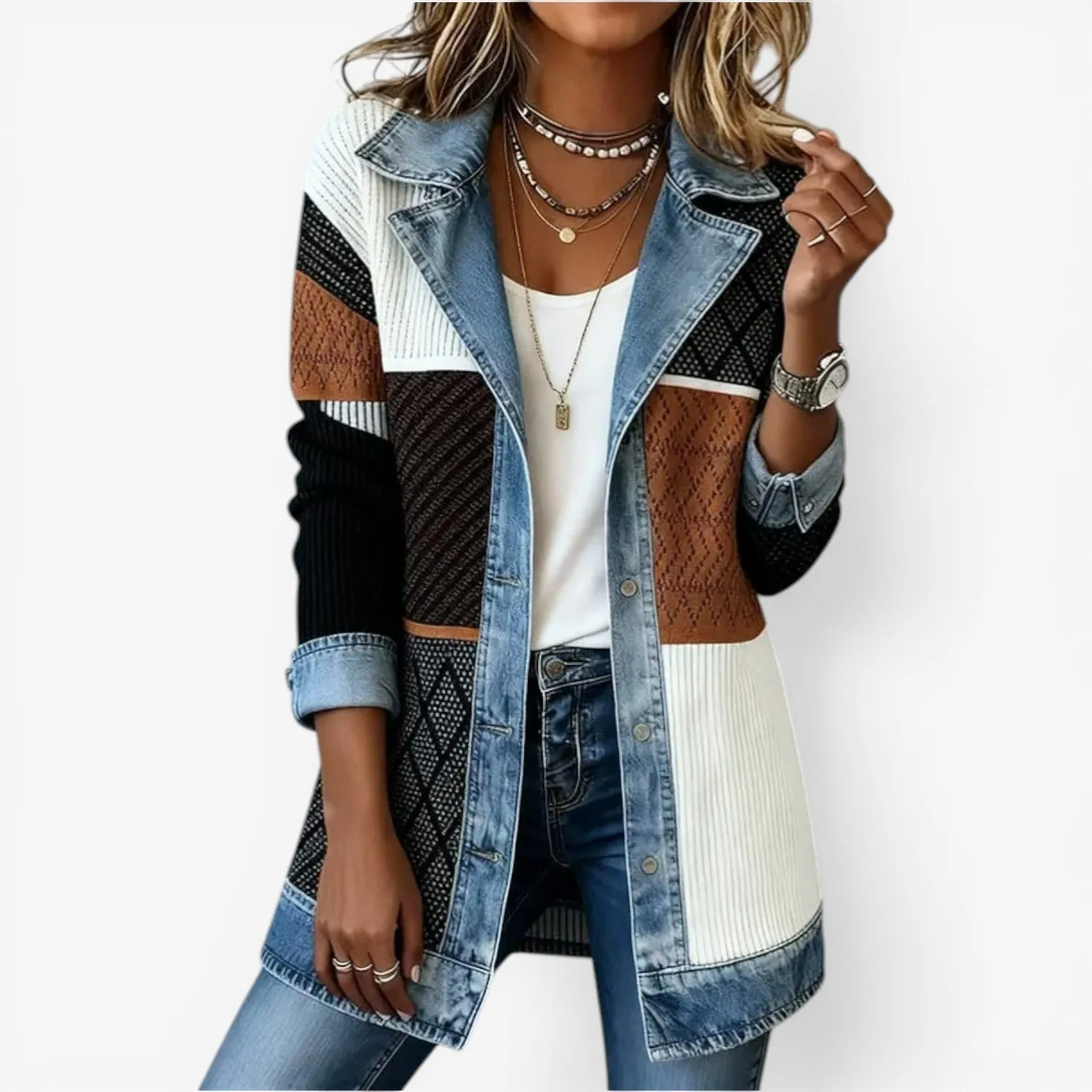 Elegant Mixed Media Denim Knit Cardigan Open Front Lapel Sweater Coat Mid Length Comfort Fit Outerwear