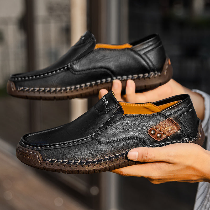 🐂 Men's calf leather casual shoes 👞 Hand-stitched, easy to put on and take off ✅ Arch support, pain relief - comfortable walking