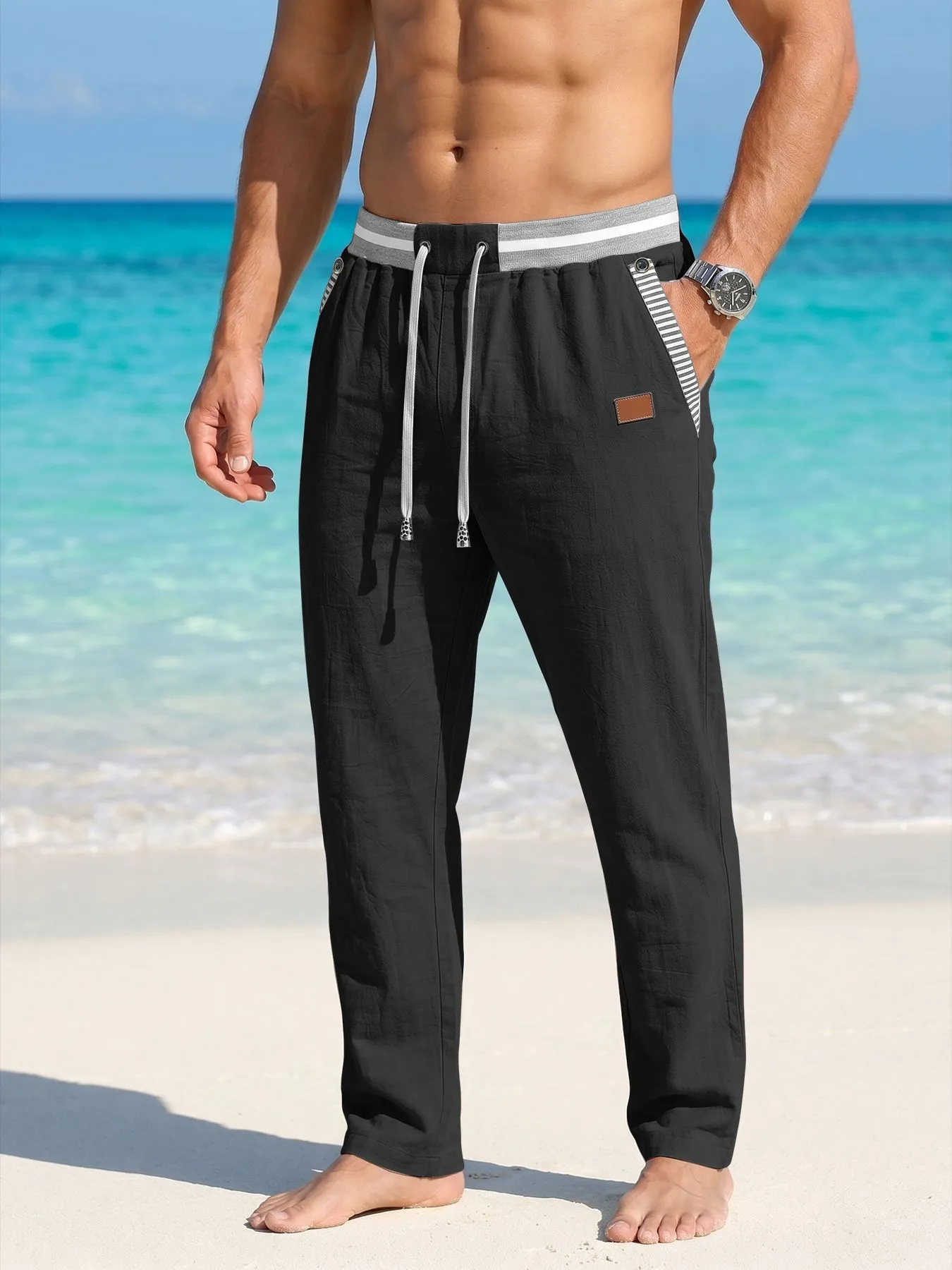 Men Striped Elastic Waist Drawstring Linen Blend Ankle Length Casual Pants