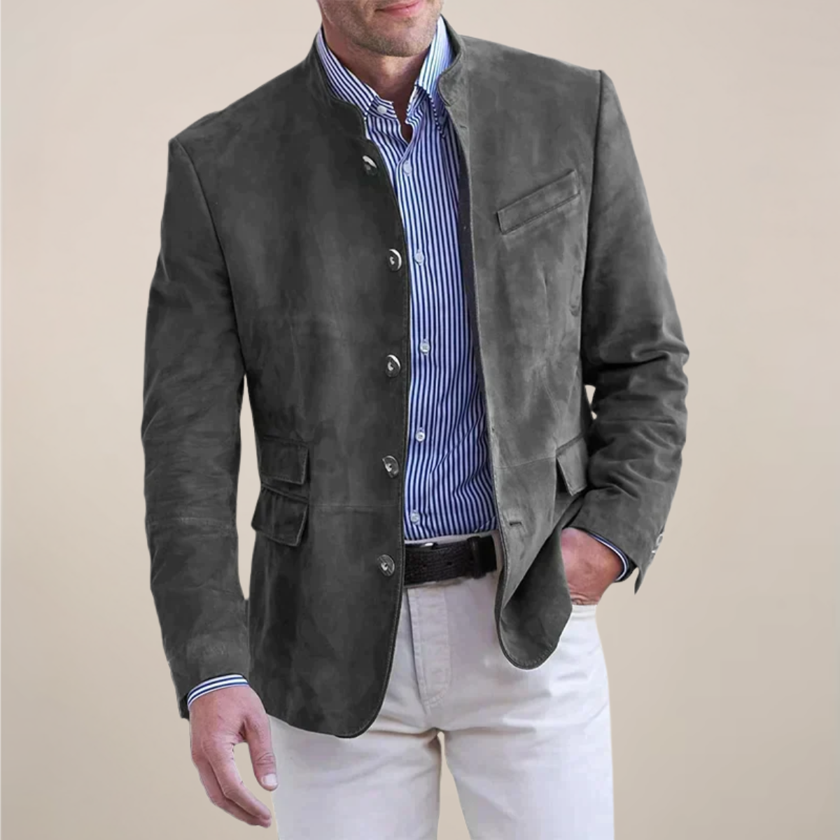Men’s Stand Collar Blazer – Smart-Casual Lightweight Layering