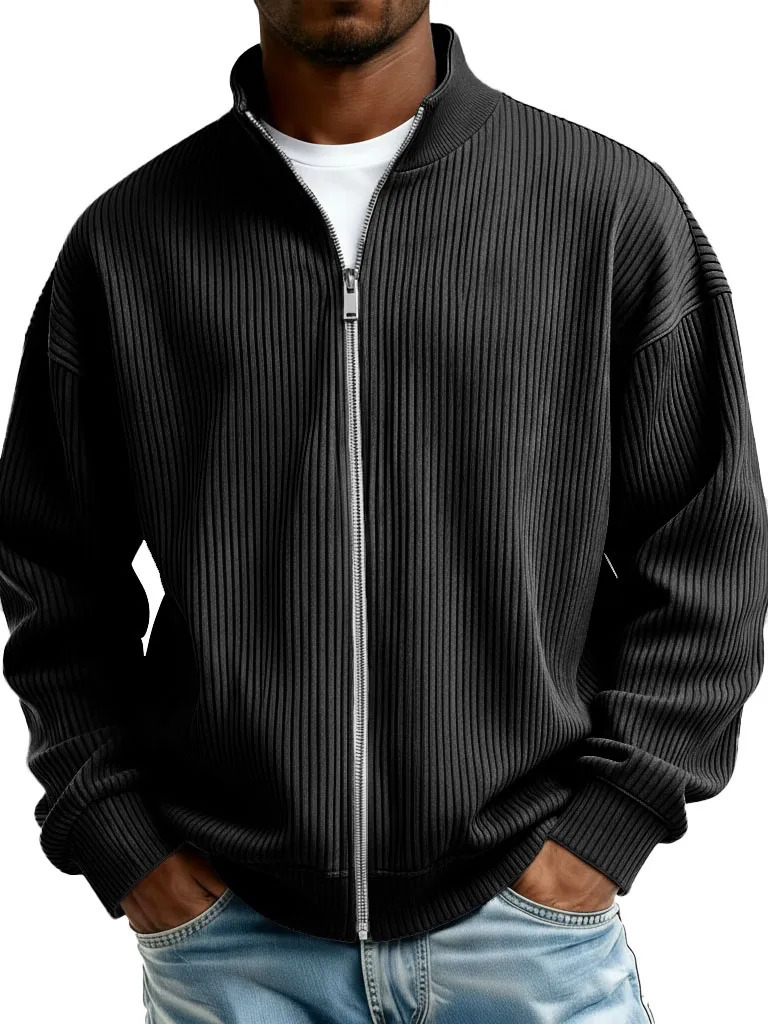 Men's simple and casual ribbed stand-collar zip-up long-sleeved jacket