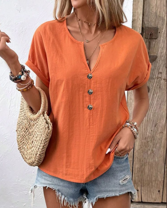 Women's V-Neck Cotton-Linen Button-Up Top