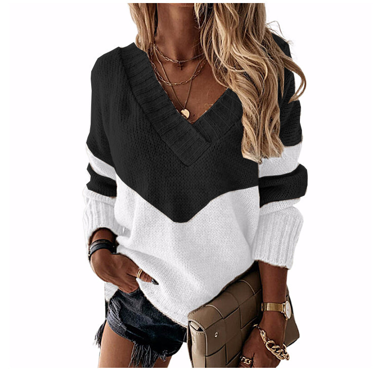 🔥70% OFF TODAY🎁Women's V-neck sweater with contrasting color block design.