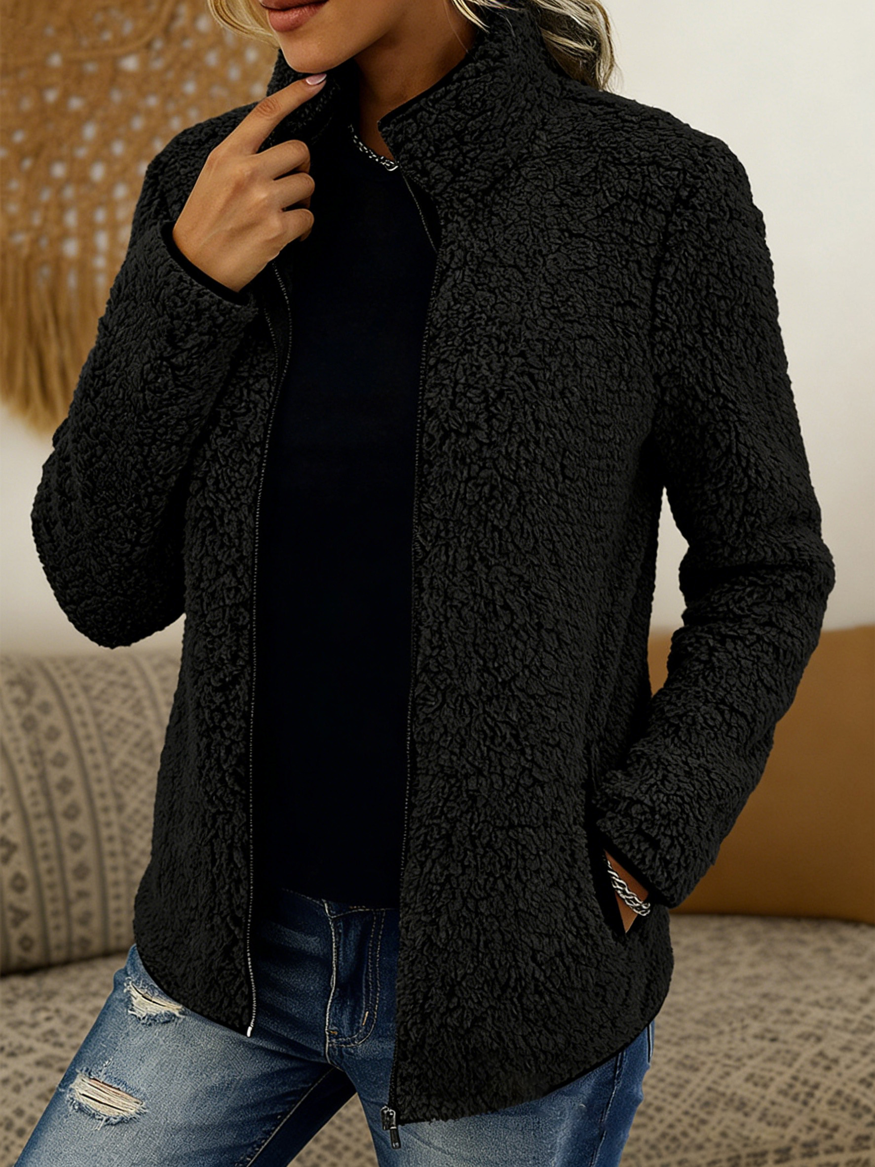 🎄 Clearance Sale! 🔥 Stand-collar solid color zippered fleece jacket